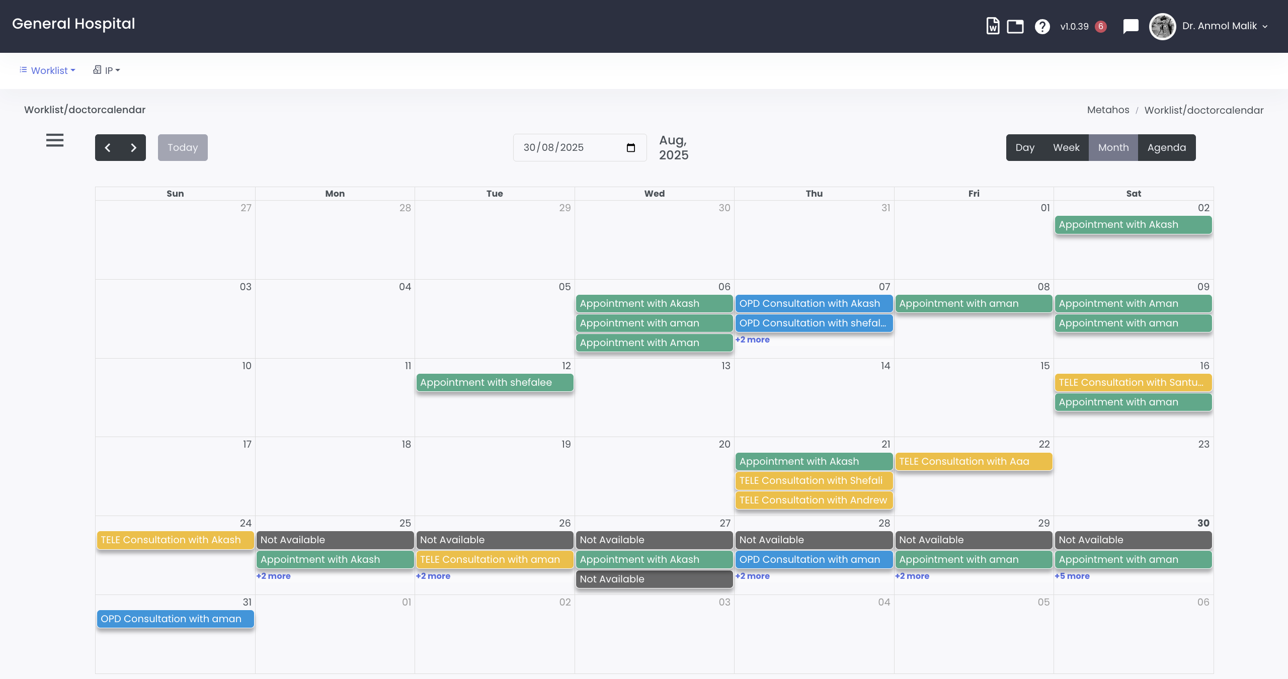 clinician calendar view