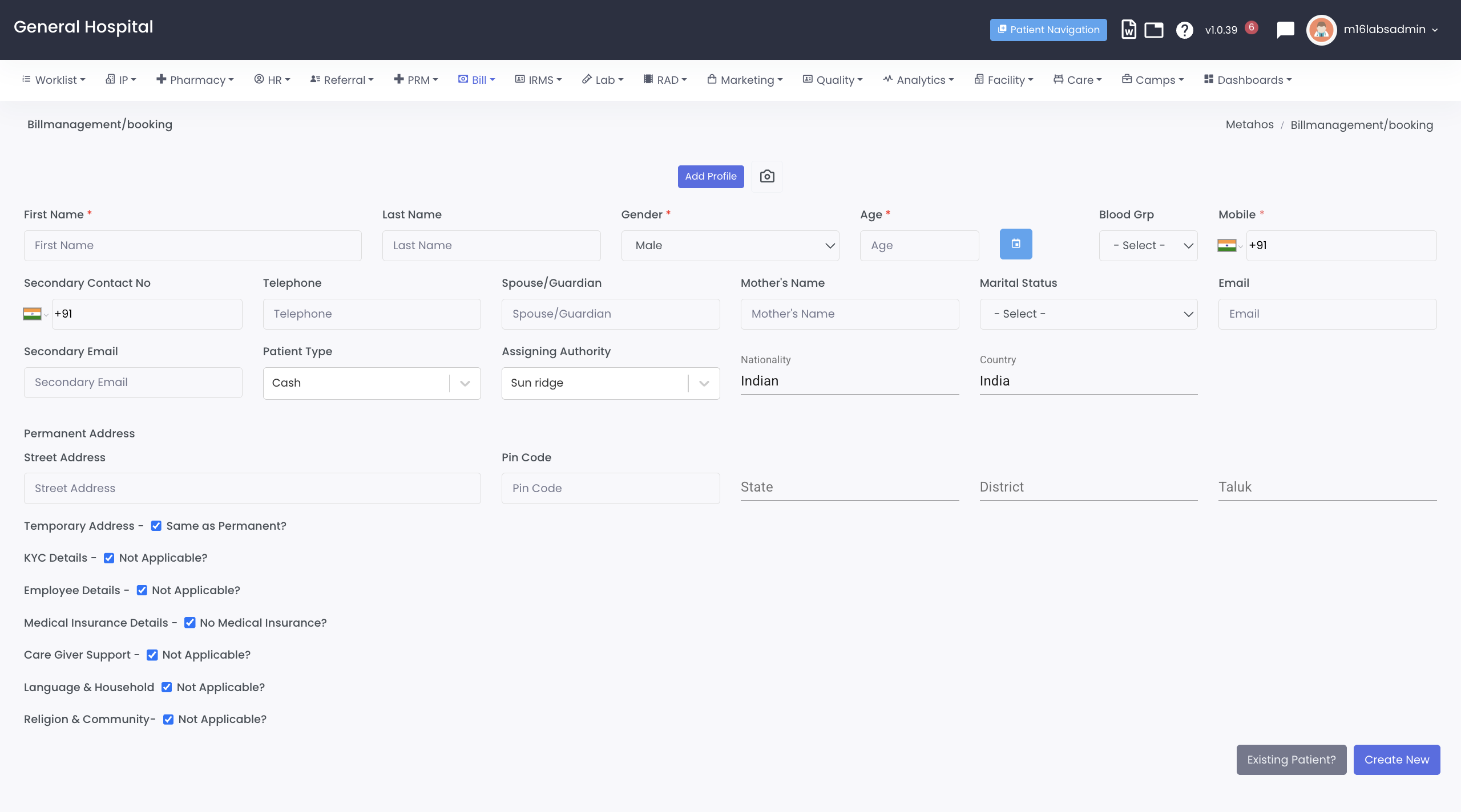 Creating a new patient in MetahOS